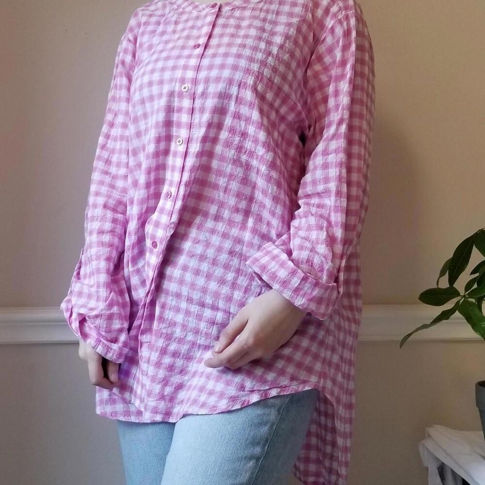 Pink Gingham Print Button Down Blouse - image 4
